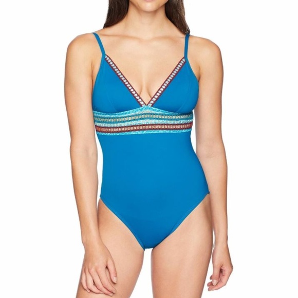 La Blanca Light Blue, V-Neck One Piece Swimsuit - Picture 3 of 7